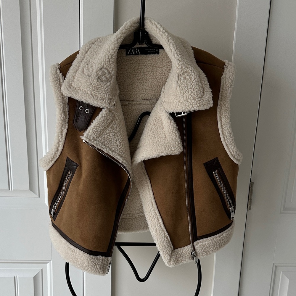 Zara Black Label Brown and Cream Shearling Vest